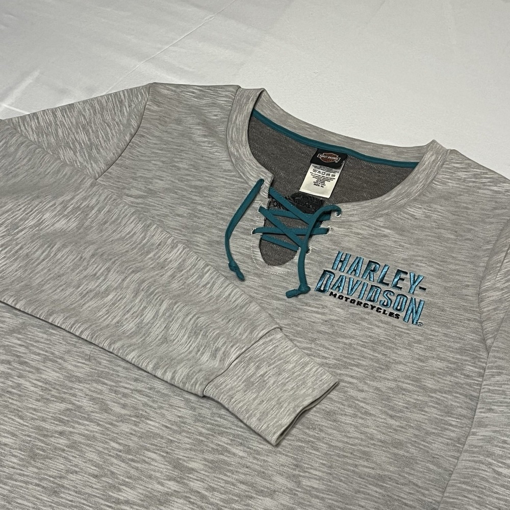 Harley-Davidson Lace Up Sweatshirt Women's XL Gray Embroidered Logo Sweater